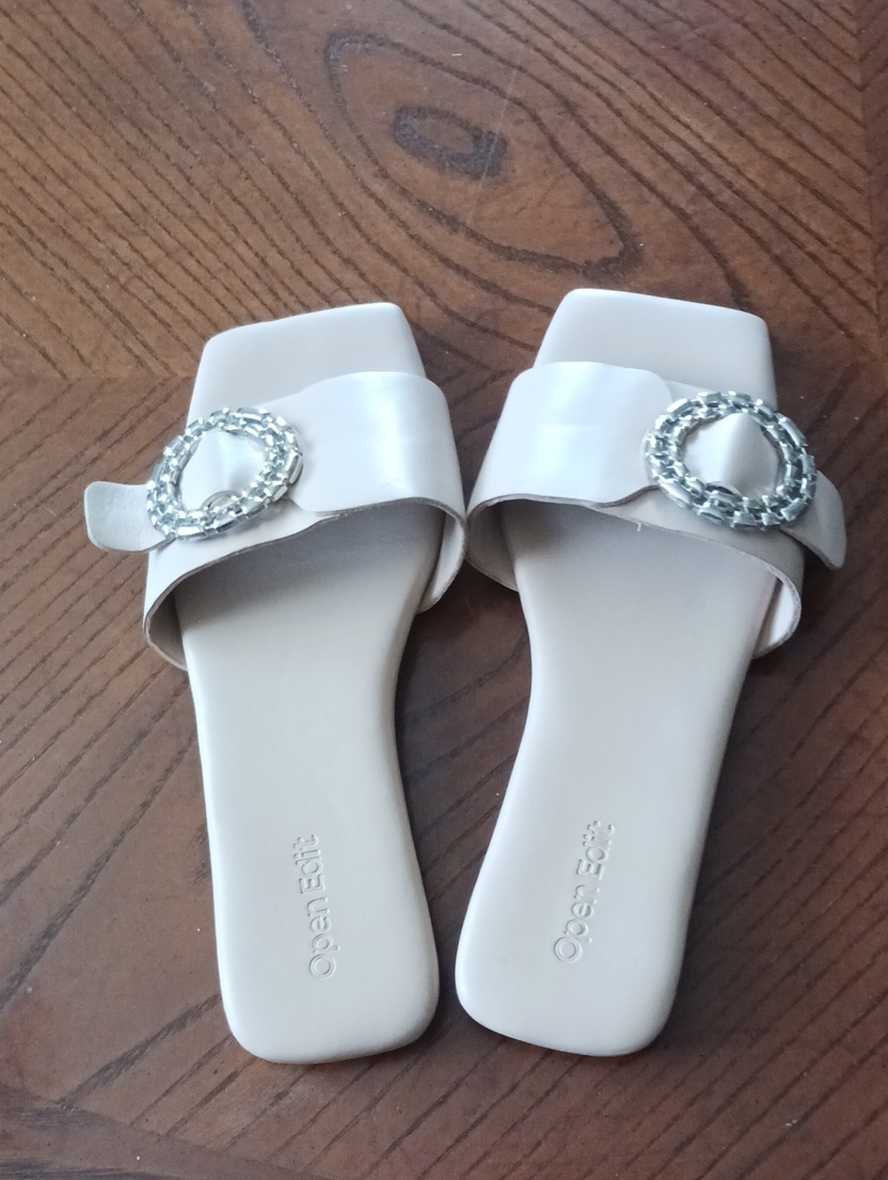 White Square-Toe Slide Sandals with Silver Buckle